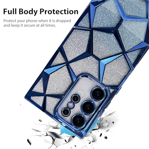 Image of VONZEE Gradient Glitter Clear Case for Samsung S25 Ultra, Luxury Electroplated 3D Cube, Diamond Bling Shiny Soft TPU Clear Shockproof Women Girls Protective Phone Cover (Blue)