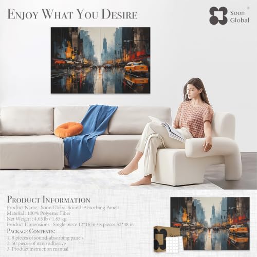 Image of Soon Global 8-Pack Acoustic Panels, Soundproof Wall Panels, 48 X 32 Inches Sound Absorbing Panels, Decorative Acoustical Wall Panels, Acoustic Treatment for Recording Studio, Urban Pulse