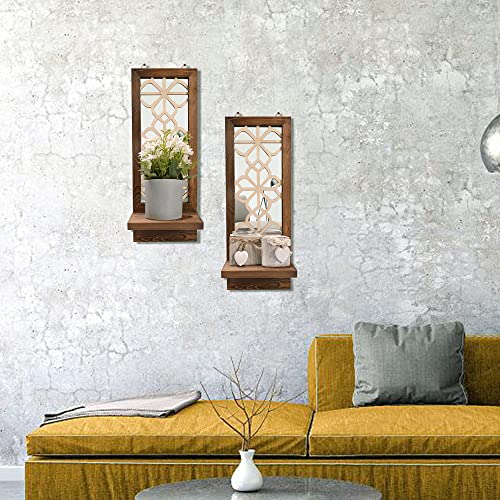 Yorkmills Candle Sconces Wall Decor Set Of 2, Wall Candle Holder Rustic Home Decor, Farmhouse Wall Art Floating Mirror Sconces Brown Wall Decorations For Living Room, Dining Room, Bedroom, Bathroom #TOP3