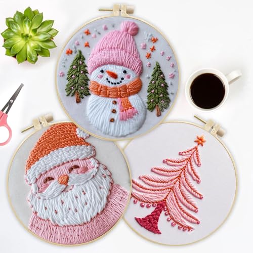 Image of LB Pink Christmas Embroidery Kit for Beginners Adults, 3 Sets Hand Embroidery Starter Kit with Santa Pattern and Instructions Stamped Cross Stitch Kits Include Embroidery Hoop Needles Threads Scissors