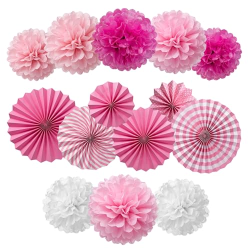 14 Piezas Pompones de Papel de Seda, Rosa Decoraciones Fiesta de Papel, Bolas de Pompones para Colgar en Papel de Flores, Abanicos Bola de Pom Poms para Fiestas, Bodas, Cumpleaños, Navidad