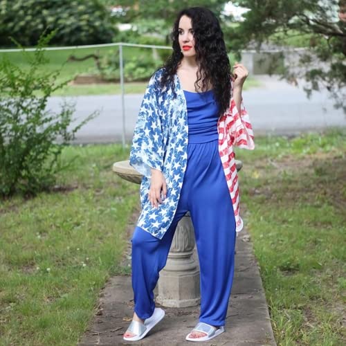 Image of Women's American Flag Kimono Cardigan 4th of July Cover Up Lightweight Patriotic Kimono Cover Up