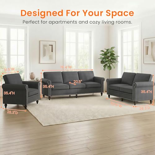 Image of ijuicy 3 Pcs Sectional Sofa Set for Living Room-Modern Linen Upholstered Couch Set with 5 inch Thick Cushion & Nailhead Trim, Living Room Furniture Sets-Armchair, Loveseat, 3 Seat Sofa(Dark Gray)