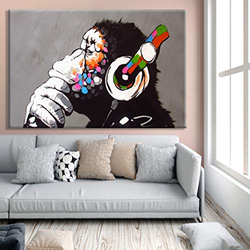 Banksy Street Art Denkender Affe mit Kopfhörern Druck Modern Gerahmtes Leinwandbild für Heimdekoration (Denkender Affe, 50 x 70 cm)