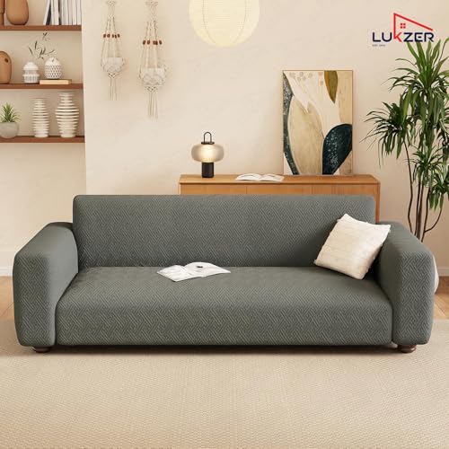Image of Lukzer 4 Seater Pastel Dark Grey Grid Maze Pattern Sofa Cover | 240 GSM Universal Stretch Fit Jacquard Fabric Couch Protector | Fully Covered Anti Slip & Washable Sofa Cover (230-300cm /SC-104-04)