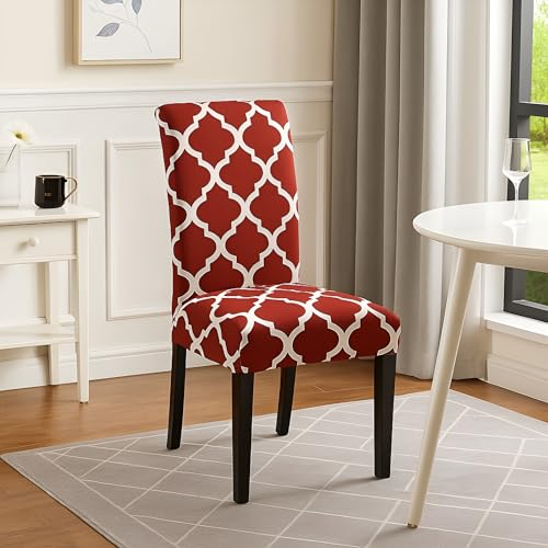 Image of Dining Chair Covers Set of 4, Stretchable Removable Washable Anti-Slip Universal Fit Printed Polyester Spandex Slipcovers (Red Diamond)