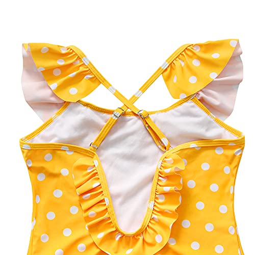 Qyqkfly Girls One Piece Polka Dot Or Flower Adjustable Bathing Suits With Ruffle Around（Yellow Dot 13-15 Years #TOP4