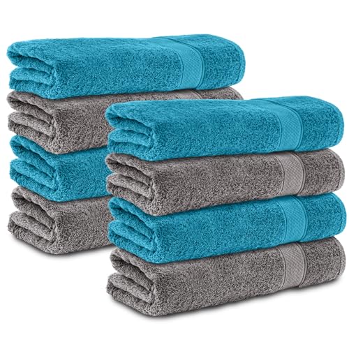 Komfortec Juego de 8 Toallas de Mano 50 x 100 cm – 100% Algodón – Suaves y Absorbentes – para Baño y Lavabo – Antracita/Turquesa