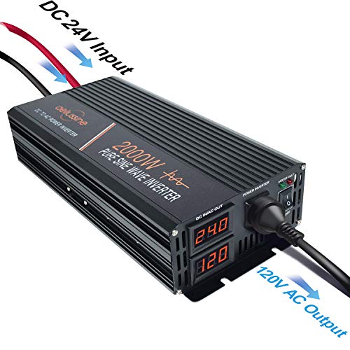 aeliussine Power Inverter 2000W Pure Sine Wave 24v dc to ac 120v Surge 4000 Watt Converter with LED Display for Car RV Boat Solar Power System.