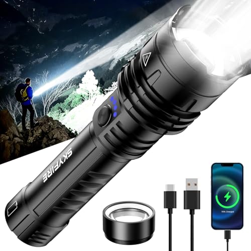Image of SKYFIRE 1376 LED Flashlights with Ignition Lens, Rechargeable 2000 High Lumens Super Bright Zoomable Flash Light, 5 Modes Waterproof Handheld Powerful Tactical Flashlight for Emergency Camping (Black)