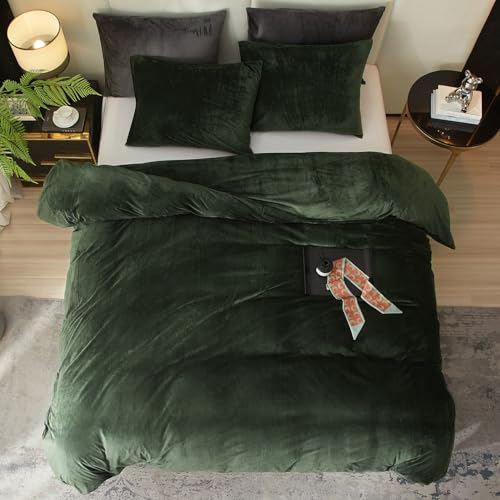 Ivellow Velvet Duvet Cover King Set Dark Green Comforter Cover 3Pcs Ultra Soft Cover Breathable Solid Luxury Flannel Velour Duvet Cover Zipper Closure Corner Tie