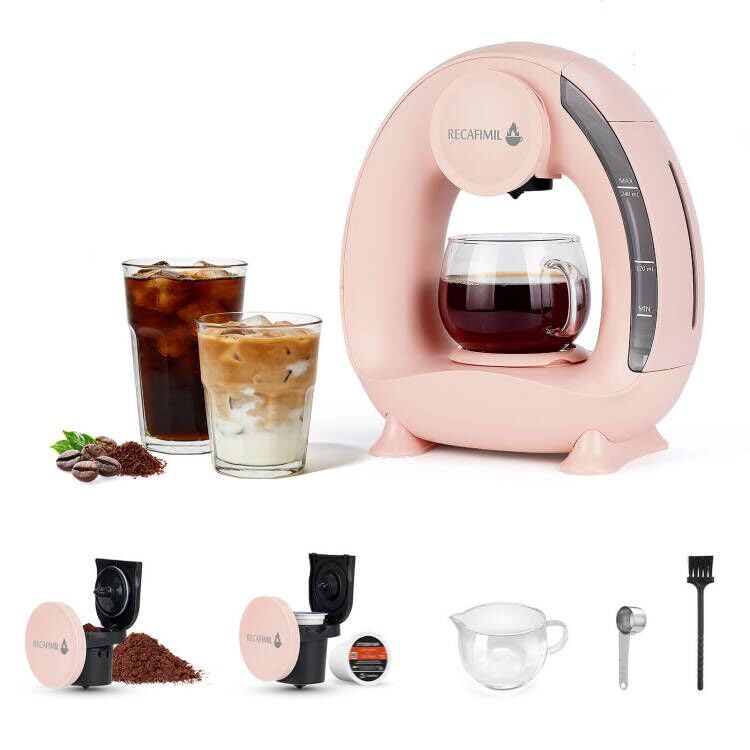 RECAFIMIL MINI Q - Cafetera 2 en 1 de una sola porción, prepara K-Cups o café molido (4-8 onzas), cafetera americana compacta con filtro reutilizable (rosa)