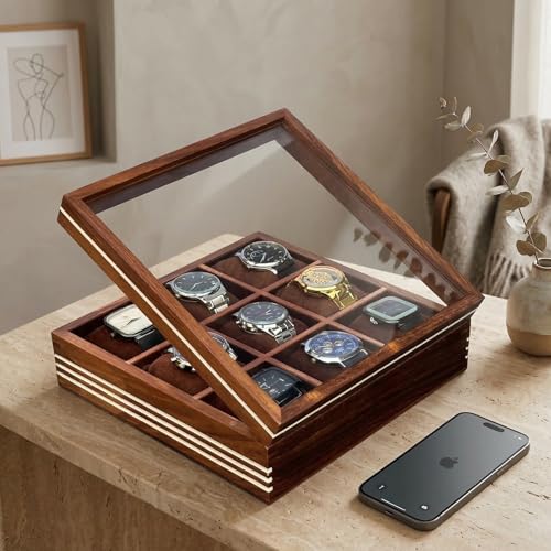 Image of Wooden Watch Box, Storage Organizer, Watch Display Case, Jewelry Holder, Gift for Men & Women - Rosewood Crafted, 3-12 Slots (Nine Slots)