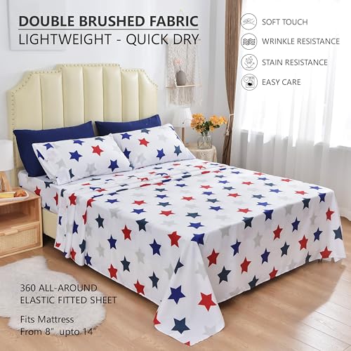 American Home Collection Star Patterned Bedding Set - 4 Piece Microfiber Sheets & Pillowcases (Twin, 14 Deep Pocket)