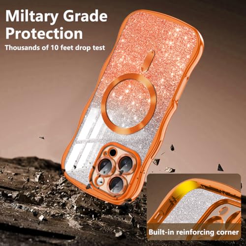 Meshine for iPhone 16 Pro Max Case,[Compatible with MagSafe][Build-in Camera Lens],Magnetic Curly Wavy Frame Shockproof Cute for Women Girls Cover for Apple iPhone 16 Pro Max 6.9 Inch,Glitter Orange - image 6