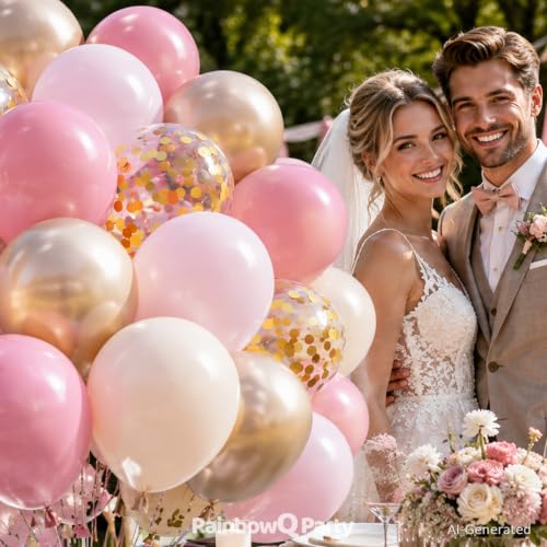 Image of Metallic Pink and Gold Balloons 12 Inch 67PCS Sand White Champagne Confetti Latex Helium Balloons Set for Anniversary Wedding Birthday Party Decorations