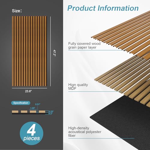 Image of Wood Slat Acoustic Wall Panels, Teak, 4 Pack, 47.2 x 23.6 in