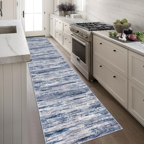 2.6x16 Navy Blue Gray Neutral Multi Modern Abstract Runner Rug for Hallways, Super Soft Hallway Decor Kitchen Rugs with Non-Slip, Non-Shedding Washable Rug for Entryway Bedroom Indoor
