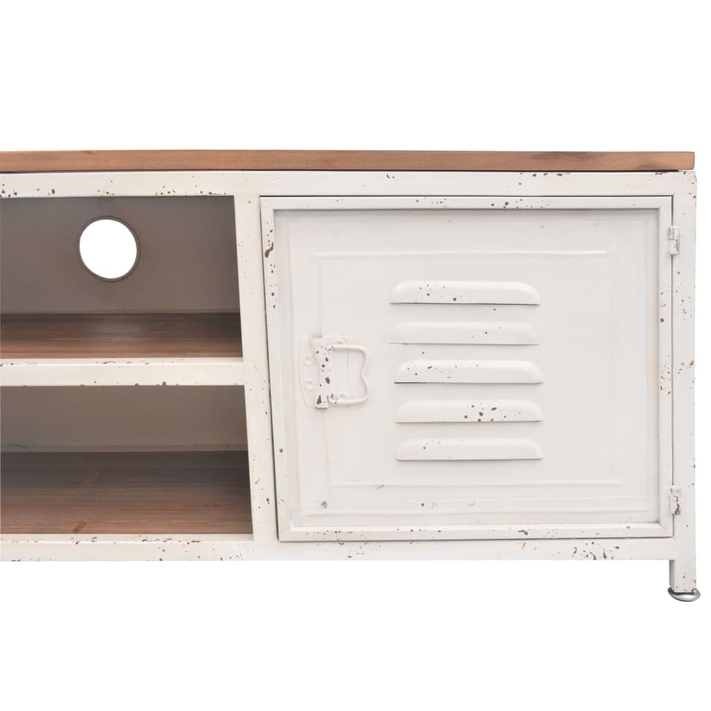 Szafka pod telewizor 120 x 30 x 40 cm, biała, styl industrialny, z ocynkowaną stalą i litego drewna jodłowego, niska szafka z miejscem do przechowywania, 2 półki i drzwi do salonu i sypialni