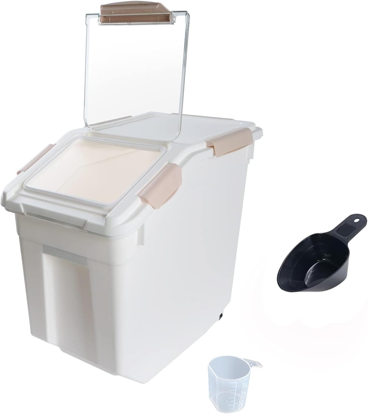 Airtight Flour Storage Container 25 lb Rice Storage Container with Wheels Seal Locking Lid, Food Containers with Measuring Cup& Scoop for Flour, Rice, Grain(Pink)