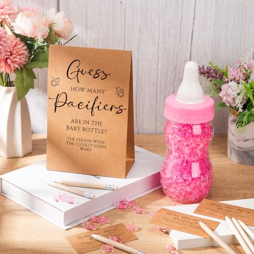 Image of Roowest 512 Pcs Baby Shower Games Guess How Many Pacifiers Sign 100 Small Guessing Games 10 HB Pencils 750ml Milk Bottle 400 Acrylic Pacifiers Decoration for Guest Gender Reveal(Pink,Kraft)