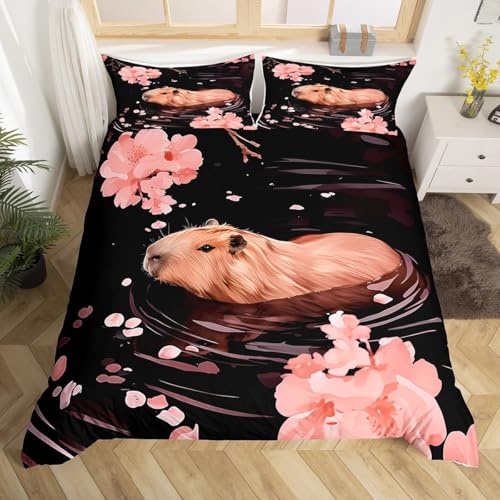 jejeloiu Kids Capybara Comforter Cover Toddler Japanese Cherry Blossoms Flowers Bedding Set for Boys Girls Teens Kawaii Swimming Animal Duvet Cover Room Decor?No Comforter