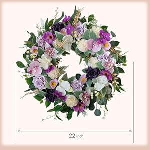22" Artificial Flower Wreath Spring/Summer Floral Wreaths for Front Door with Roses Orchid Gardenia Dahlia Full and Elegant Decor for Inside Outside Wall Window Festival Party Wedding (White Purple) 22 Artificial Flower Wreath SpringSummer Floral Wreaths for Front Door with Roses Orchid Gardenia Dahlia Full and Elegant Decor for Inside Outside Wall Window Festival Party Wedding White Purple
