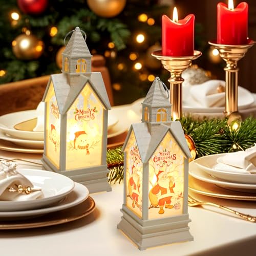 ROTKUSZ 2 Stück Weihnachtsdeko Laterne Häuser Weihnachtslaterne mit LED, 18cm Weihnachten Deko Beleuchtete Windlicht Weihnachten, Hängend Weihnachtsdekoration Laterne, Weihnachtsdekoration (B)