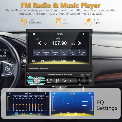 Image of Podofo Single Din Carplay Car Stereo with Bluetooth AHD Backup Camera, 7 Inch flip Out Touch Screen Car Radio MP5 Player Support Android Auto, Mirror Link, USB, TF, FM Radio, Aux-in, SWC