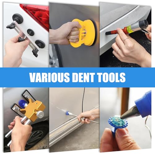 Image of 128PCS Dent Removal Kit,Paint-Safe Dent Removal Tools, DIY Dent Puller Set with Golden Lifter, T-Bar, Bridge Suction Cup Puller, Rubber Hammer & Glue Gun for Car Dent Removal