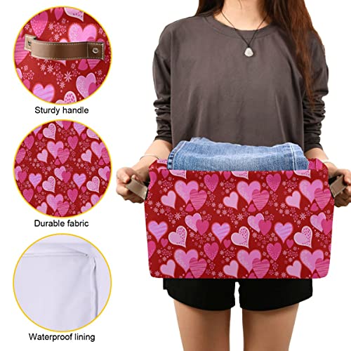 Image of Pink Red Love Heart Storage Basket Fabric Laundry Baskets Happy Valentine's Day Storage Boxes Organizer Bag for Baby Cloth Dog Toy Book Storage Cubes Shelf Closet Bins 16x12x8 Inches