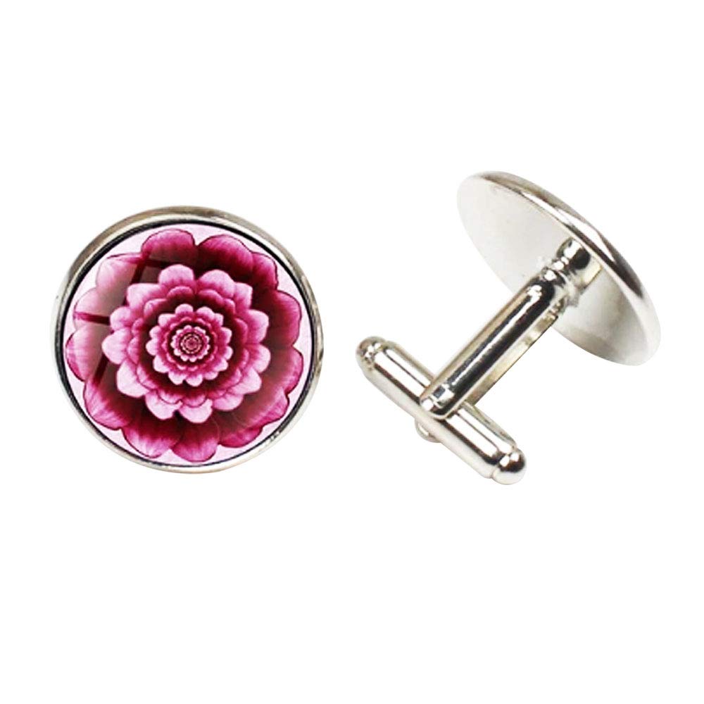 Cufflinks - Yoga Focus Flower Cabochon Glass Hand Made Silver Plated, for Men & Women, Office Corporate & Party, in a Gift Box (1 Pair)-image-24