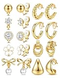 LOLIAS 9Pairs Clip On Earrings for Women 14K Gold Plated Clip Earrings Non Pierced Ears Clips CZ Pearl Knot Twist Chunky Hoop and Studs Earring Set Fake Earings Jewelry