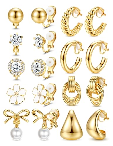 LOLIAS 9Pairs Clip On Earrings for Women 14K Gold Plated Clip Earrings Non Pierced Ears Clips CZ Pearl Knot Twist Chunky Hoop and Studs Earring Set Fake Earings Jewelry