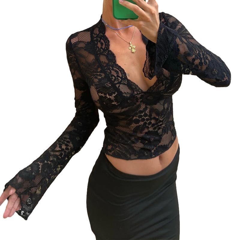 Women Y2k Lace Top Sexy V Neck See Through Tops Floral Mesh Long Sleeve Crop Top