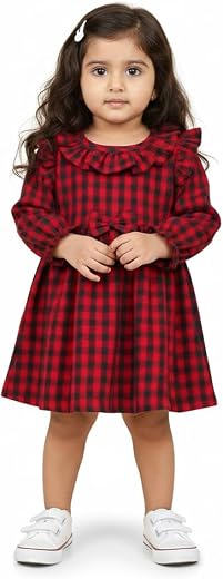 mustmom Baby Girl's Warm Cotswool Full Sleeve Frock | Winter Checkered Casual Dress for Kids | Ages 1-4 Years