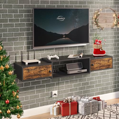 HOOBRO 55' Floating TV Stand with Power Outlet, Modern Wall Mounted Media Console Shelf Cabinet for...