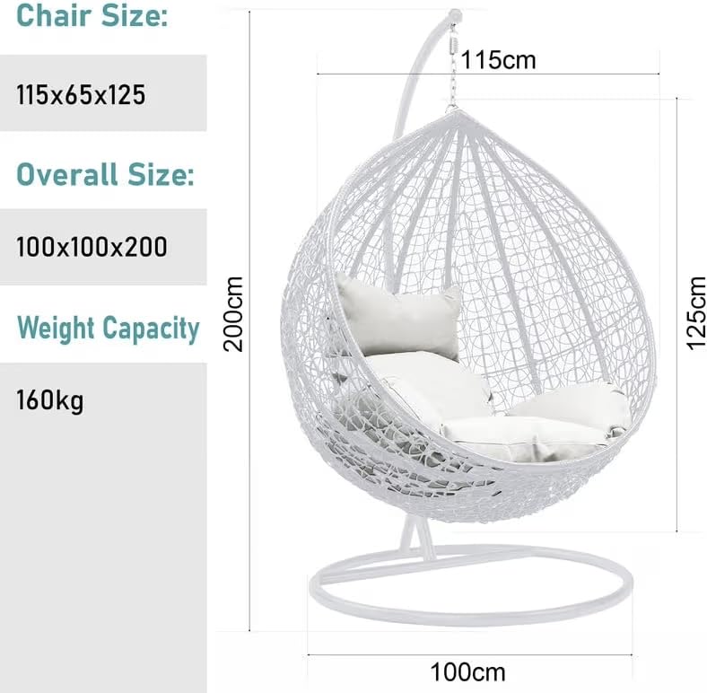 Image of Single Seater Swing Chair with Stand & Cushion Outdoor Indoor Balcony Garden Patio, Powder Coated Frame, UV-Protected Wicker, Premium Cushion, Swing Chair (White:: White)