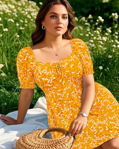 Image of Pinup Fashion Women Plus Size Casual Puff Sleeve Summer Sundress Smocked Short A Line Babydoll Cute Mini Dresses