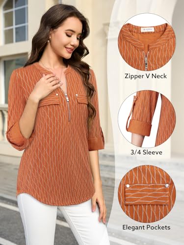 Image of Bulotus Womens 3 /4 Sleeve Tops Plus Size V Neck Zipper Business Casual Blouses for Office & Going Out Soft Knit Tunics, M-3XL