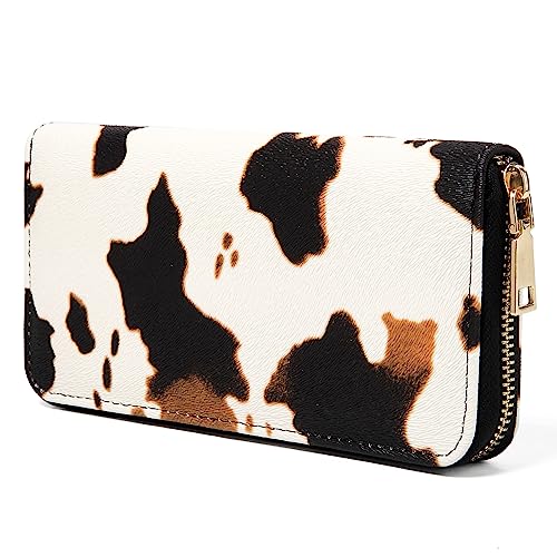 Women's Cow Print Wallets Western Highland Cowhide Stuff Gifts for Ladies Slim Purse Credit Card Holder Brown