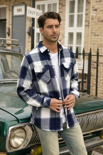 Image of Cromoncent Mens Boys Thick Flannel Shirt Long Sleeve Shirt Jacket Casual Button Down Multi Pockets Shacket
