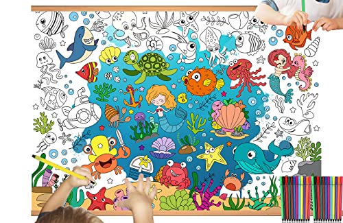 Howaf Under The Sea Coloring Poster With 24 Pcs (12 Colors) Paint Pens - Ocean Animal Jumbo Paper Coloring Banner, Sea Animals Giant Paper Coloring Tablecloth For Summer Party Facors Class Family Kids Birthday Activities #TOP7