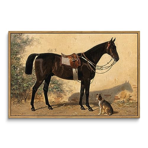 Image of ARPEOTCY Framed Canvas Horse Wall Art, Classical Horse and Dog Art Print for Home Decor, Large Rustic Farmhouse Country Wall Decor for Living Room, Bedroom, Bathroom, Office, 16x24 inch