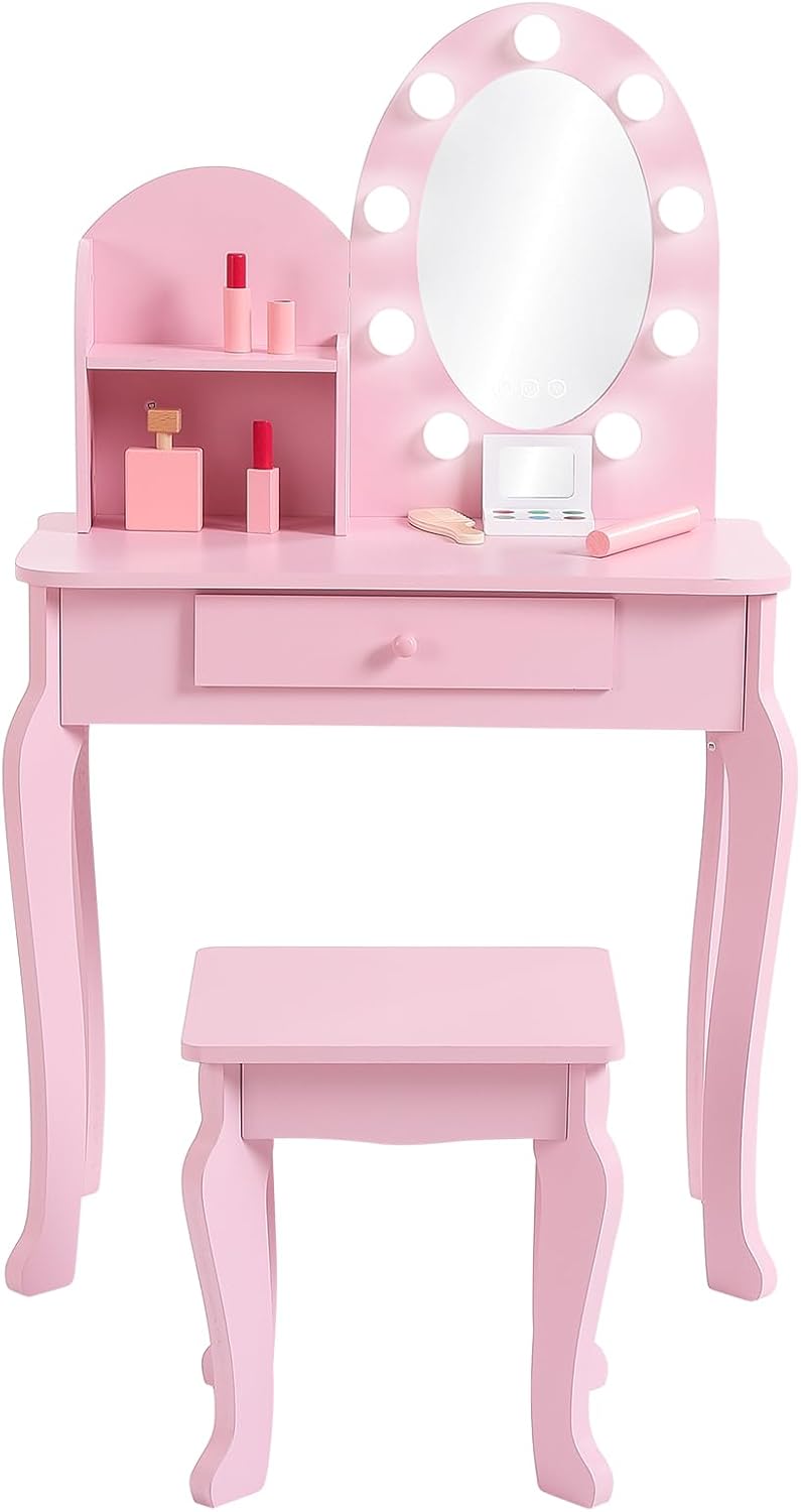 Lighted Mirror Kids Vanity Set, Wooden Makeup Table and Stool, Princess Dress Up Playset for Girls Ages 4-9, Toddler Vanity Table & Chair for Bedroom & Playroom