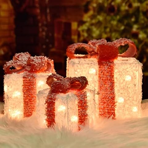 aonear Christmas Lighted Gift Boxes, Set of 3 Indoor Outdoor Present Box for Pathway Home Yard X-mas Holiday Party Decorations (Red/White) Cover