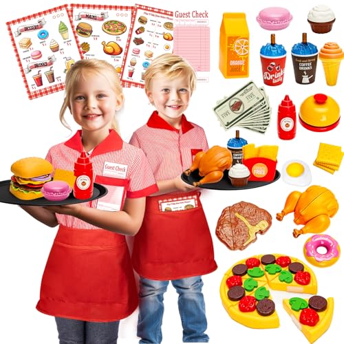 Restaurant Server Play Toys Set for Boys Girls Age 3-8 Role Play Set with Unisex Server Dress-Up Costume Play Food Play Money Menu for Kids Play Kitchen Restaurant Xmas Stocking Stuffers for Kids