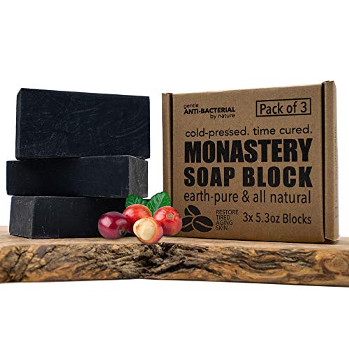 Abbey Monk Monastery Soap Block Restore Tired Drooping Skin [3x Full Size] - Body Face Cold-Pressed Activated Charcoal, All Natural Non-Chemical, Anti Bacteria, youthful Energy, Arabica & Shae Butter