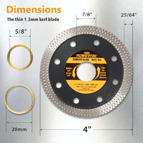 Image of POWERTEC 4 Inch Diamond Saw Blades for Handheld Tile Saw & Angle Grinder 2 Pack, Super Thin Turbo Mesh Rim Blades for Cutting Porcelain, Granite & Ceramic Tile