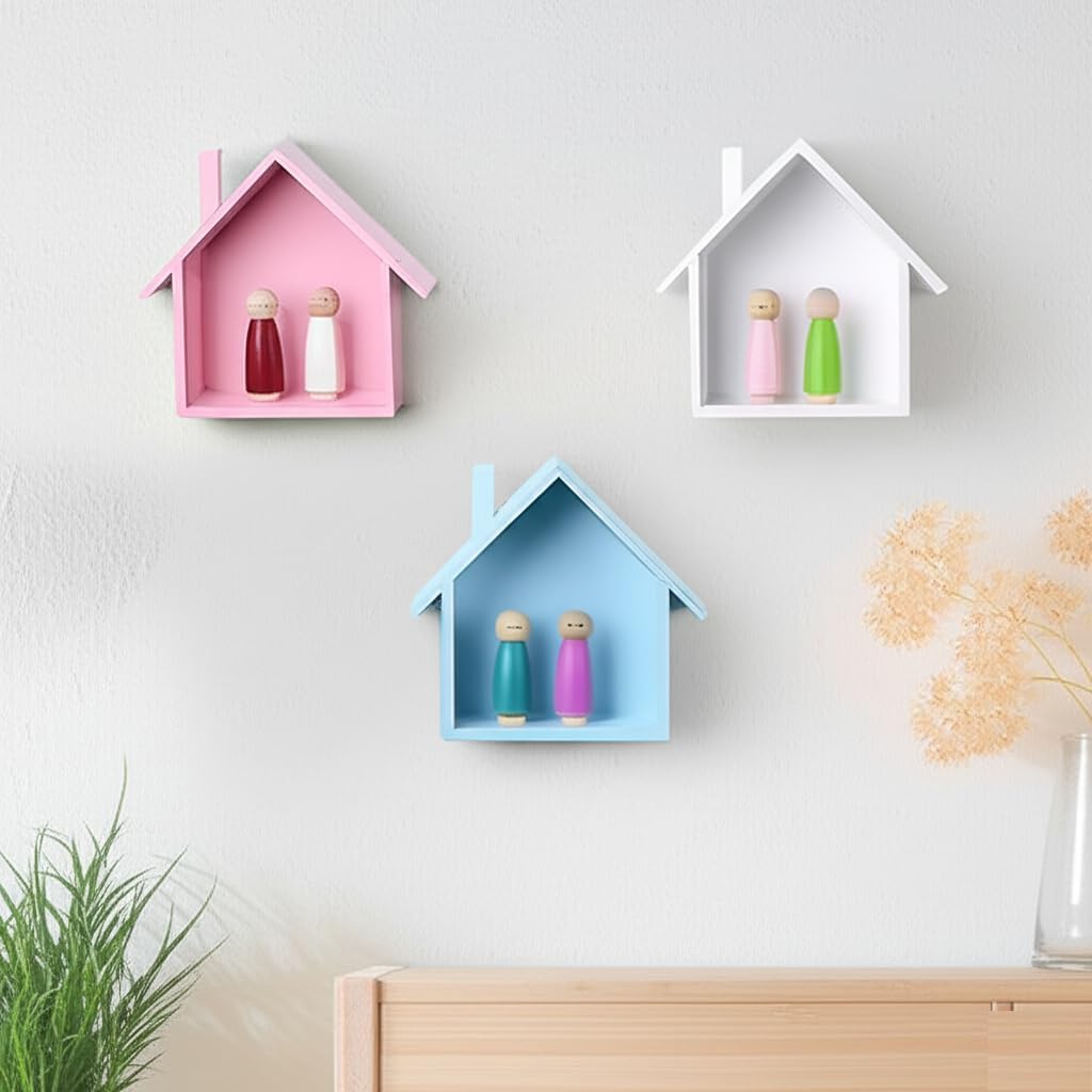 Elcom Handicrafts Wooden House Shape Wall Shelf Set of 3 Decorative Wall Mounted Shelves for Kids Room, Living Room & Home Decor Multicolor (Pink, White, Blue)-image-7